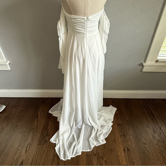 White Off Shoulder Flounce Sleeve Ruched Chiffon Maxi Dress Size Small - Picture 6 of 9